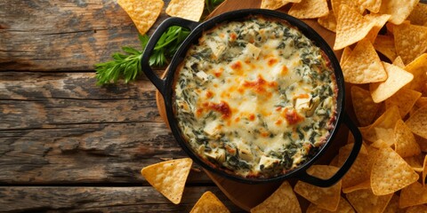 Delicious Spinach Artichoke Dip And Crisp Tortilla Chips In A Pot. Сoncept Appetizing Dip Recipe, Spinach Artichoke Dip, Crunchy Tortilla Chips, Party Food, Easy Pot Recipe