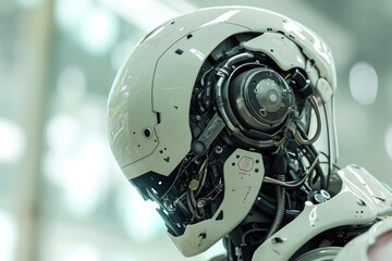 Fototapeta premium This photo captures a detailed close-up of a robots face, with a blurry background emphasizing its features, A cyborg with bioengineered enhancements, AI Generated