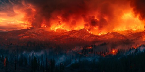 Devastating Wildfire Engulfs The Landscape, A Fearful Force Of Nature Unleashed. Сoncept Crisis In Afghanistan, Climate Change, Food Insecurity, Mental Health Awareness, Artificial Intelligence - obrazy, fototapety, plakaty
