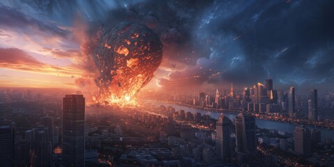 Devastation Strikes Urban Landscape As Colossal Asteroid Ruins Cityscape. Сoncept Asteroid Impact, Urban Destruction, Devastated Cityscape, Post-Apocalyptic Landscape, Collapsed Buildings - obrazy, fototapety, plakaty