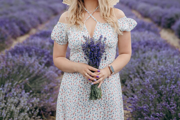 A girl stands in a field of lavender and holds a bouquet in her hands