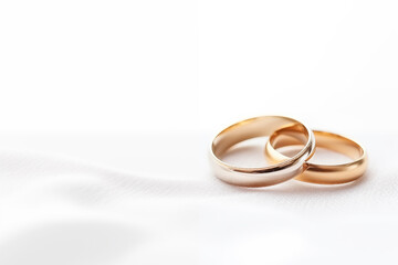 Two golden wedding rings on white, wedding rings background with copy space	