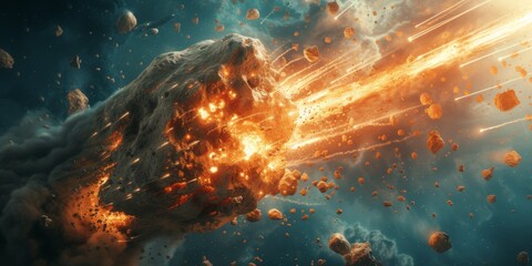 Impending Disaster: Massive Asteroids Speed Towards Collision In Outer Space. Сoncept Wildfires Ravage California, Rising Sea Levels Threaten Coastal Cities, Devastating Hurricanes In The Atlantic