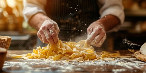 Chef Whipping Up Delectable Homemade Pasta From Scratch At Table. Сoncept Gourmet Burger Creations, Classic French Pastries, Healthy Vegan Dishes, Exotic Thai Cuisine, Authentic Mexican Tacos