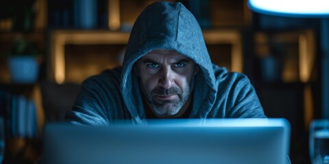 Man In Hoodie Secretly Accesses Computer In Dimly Lit Room Precyber Attack. Сoncept Cybersecurity...