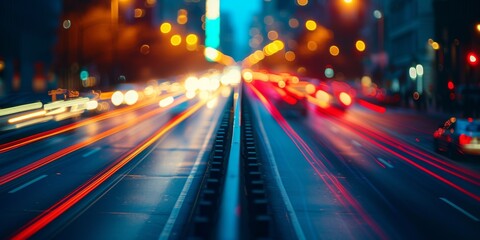 Nighttime City Street Scene With Blurred Traffic, Perfect For Banner Backgrounds. Сoncept Urban Nightscape, Blurred Traffic, City Lights, Banner Background, Street Scene