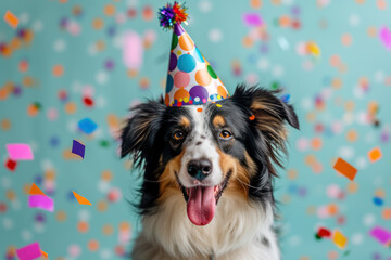 a joyful cute Collie dog wearing a colorful birthday hat, with a tongue out in a happy expression, against a pastel blue background scattered with multi-colored confetti.