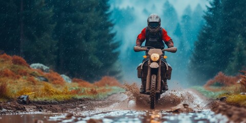 Rainsoaked Motocross Rider Navigates Muddy Mountain Road On Powerful Motorbike. Сoncept Extreme Motorsports, Muddy Adventure, Motocross Madness, Rainy Road Ride