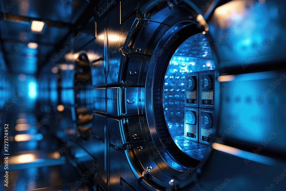 Poster close up of machine in a room, a digital bank vault with blocks inside each containing a unique code