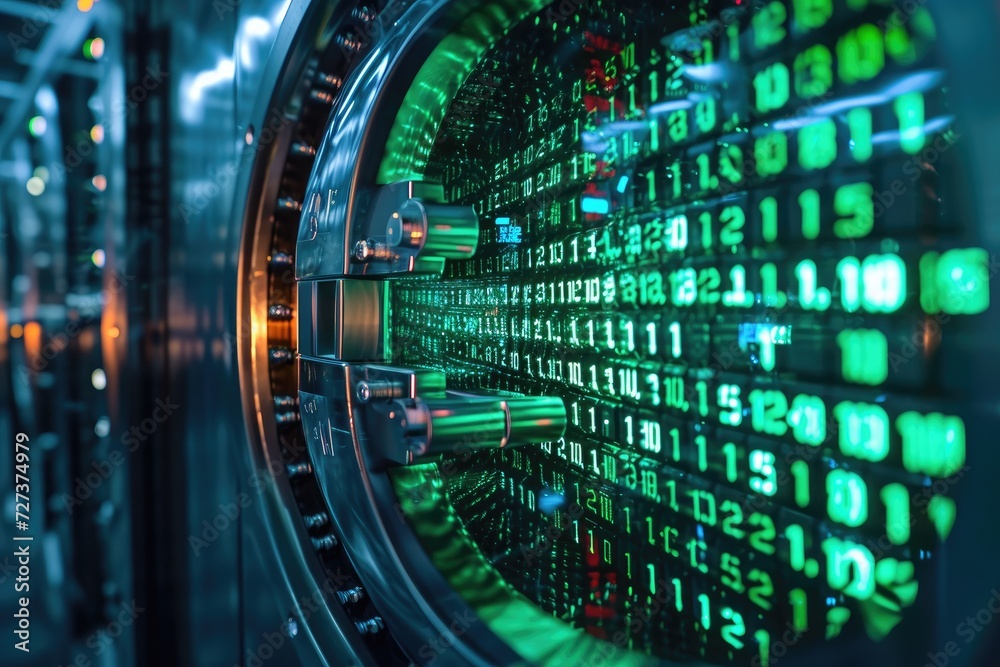 Poster close up of a computer screen with numbers, a digital bank vault with blocks inside each containing 