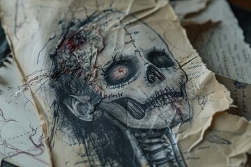 A skull drawing on a piece of paper, showing intricate details and bold lines, A detailed sketch of stitched wounds, AI Generated