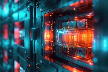 CloseUp View of Metal Structure With Red and Blue Lights, A digital bank vault with blocks inside each containing a unique code, symbolizing the security offered by blockchain technology, AI Generated