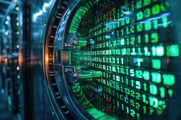 Close Up of a Computer Screen With Numbers, A digital bank vault with blocks inside each containing a unique code, symbolizing the security offered by blockchain technology, AI Generated