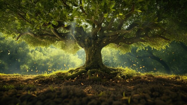 Fantasy image of big old oak tree in the misty forest