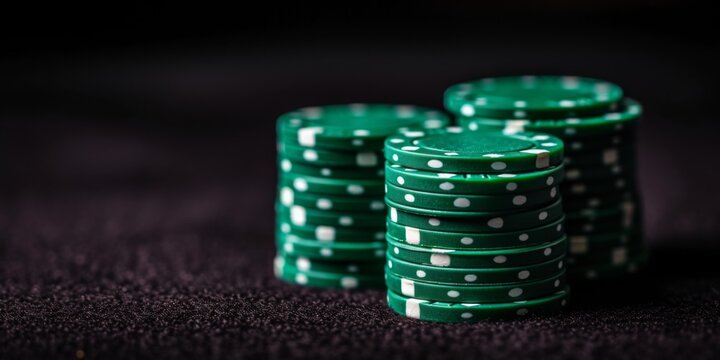 The Excitement Of Winning Online Gambling Represented By A Stack Of Green Casino Chips. Сoncept Virtual Gambling Thrills, Money-Making Stacks, Online Casino Success, Green Chip Excitement