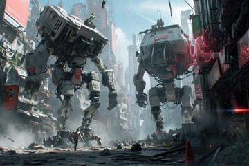 Futuristic Sci-Fi Scene With Vibrant Lights and Advanced Technology, A dramatic showdown between two gargantuan mechs in a desolate, futuristic city, AI Generated - obrazy, fototapety, plakaty