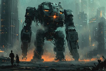 A massive robot dominates the urban landscape as it stands tall in the bustling city center, A dramatic showdown between two gargantuan mechs in a desolate, futuristic city, AI Generated