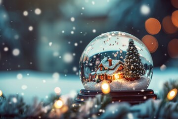 Fototapeta na wymiar A snow globe showcasing a festive Christmas scene with miniature decorations and swirling snow, A dreamy snow globe with a miniature Christmas scene inside, AI Generated