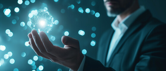 Businessman navigating a virtual world - connecting global networks through digital touch technology