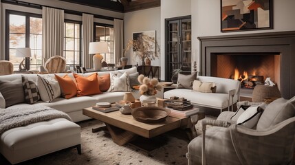 Use layered textiles, including throw pillows, blankets, and rugs, to add warmth and coziness to the transitional living roomar