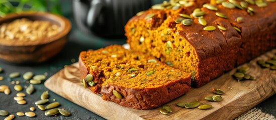 Homemade bakery offers freshly baked pumpkin bread with seeds.