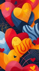 A vertical illustration featuring an array of colorful hearts in a dynamic pattern.