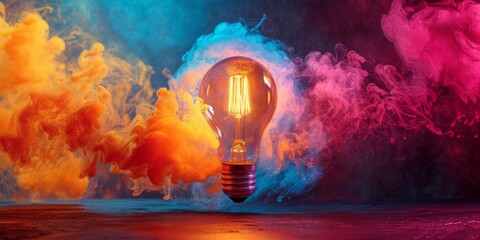 Vivid, Dynamic Explosion Of Color Surrounding A Brilliant Lightbulb, Evoking Inspiration. Сoncept Abstract Art, Creative Concepts, Color Explosions, Inspirational Lightbulbs, Vibrant Masterpieces
