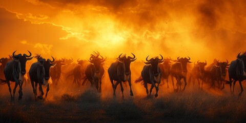 Wildebeest Stampede At Golden Hour, Creating A Whirlwind Of Dust, Serengeti Wildlife. Сoncept Dreamy Sunset Beach Engagement, Adventure Camping Trip, Fashionable Fall Shoot, Urban Street Style - obrazy, fototapety, plakaty