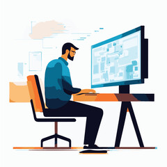 Man working at the computer. Vector illustration in a flat style.
