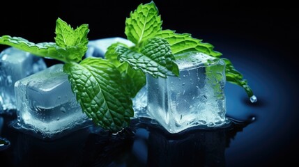 Ice cubes and fresh mint leaves on a blue background. herbs and ingredients for making a cocktail
