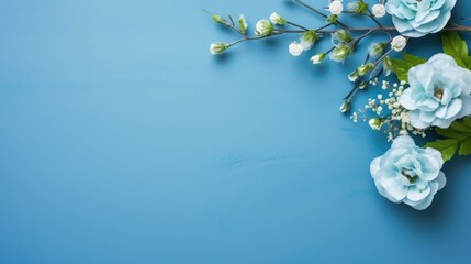 blue background or texture with spring flowers. frame, place for text. template, greeting card for Mother's Day, March 8