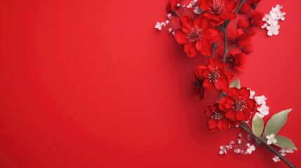 red background or texture with spring flowers. frame, place for text. template, greeting card for Mother's Day, March 8