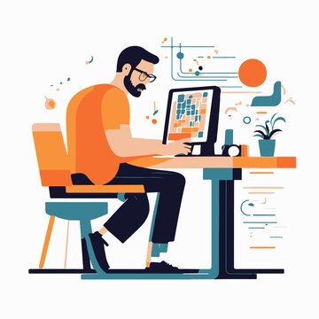 Freelance man working at home. Freelance concept. Vector illustration in flat style