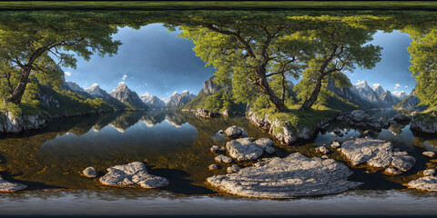 lake in the mountains Full 360 degrees seamless spherical panorama HDRI equirectangular projection...