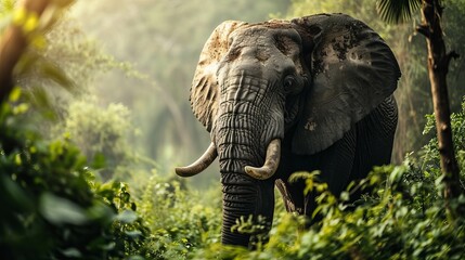 Majestic Elephant Amidst Lush Greenery Under Soft Sunlight