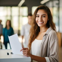 Smiling woman at ballot box on election day