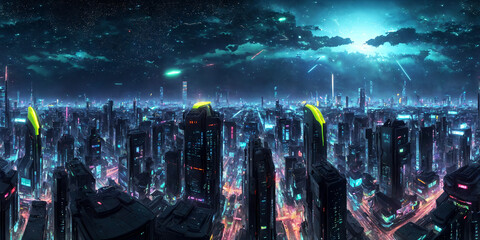 Full 360 degrees seamless spherical panorama HDRI equirectangular projection of future night city cyberpunk. Texture environment map for lighting and reflection 3d scenes. 3d background illustration. 