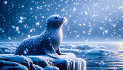 A seal on an ice floe under a snowfall - obrazy, fototapety, plakaty