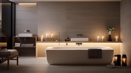 Use recessed lighting or pendant lights to create a soft and calming atmosphere in the minimalist bathroom spacear - obrazy, fototapety, plakaty