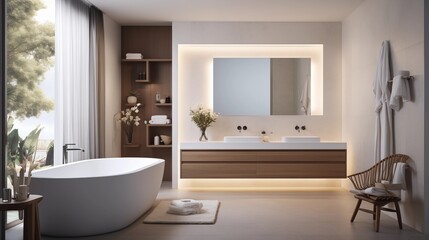 Use recessed lighting or pendant lights to create a soft and calming atmosphere in the minimalist bathroom spacear