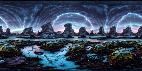 sunset in alien mountains Full 360 degrees seamless spherical panorama HDRI equirectangular...