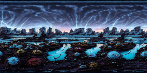 sunset in alien mountains Full 360 degrees seamless spherical panorama HDRI equirectangular...