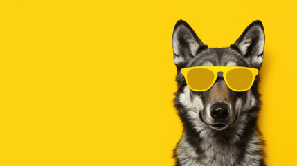 Wolf in sunglasses. Close-up portrait of a wolf. An anthopomorphic creature. A fictional character for advertising and marketing. Humorous character for graphic design.