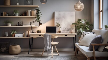 Use string lights or a unique pendant light fixture to add a warm and inviting glow to the modern boho home office spacear