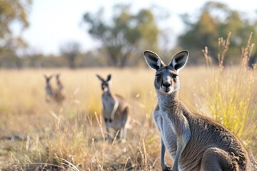 Several kangaroos are gathered in a field, standing upright and alert, A family of grazing kangaroos in the Australian outback, AI Generated