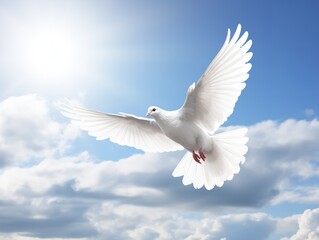 Fototapeta premium Dove in Flight Freedom and Hope Isolated on White Background AI Generated