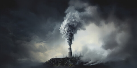 A chimney billows gray black smoke, ignoring global warming and carbon emmissions warnings. - obrazy, fototapety, plakaty