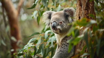 Fototapeta premium Close-up of a koala clinging to a tree surrounded by lush greenery in natural habitat