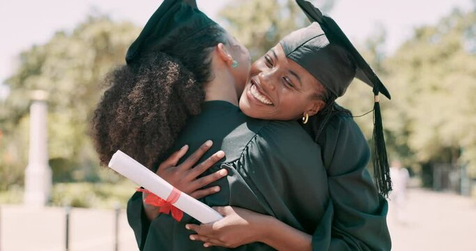 Graduation, women hug and celebration for university, college our education success, support and love on campus. Students, graduate friends or people excited for diploma and congratulations outdoor