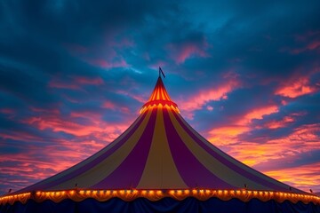 A bold, striped big top tent rising against a twilight sky, promising grand performances.